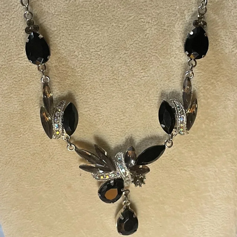 Black Stone and Silver Toned Necklace with Rhinestones